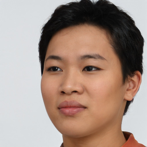 Neutral asian young-adult female with short  black hair and brown eyes