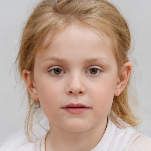 Neutral white child female with medium  brown hair and blue eyes