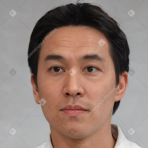 Neutral asian adult male with short  brown hair and brown eyes