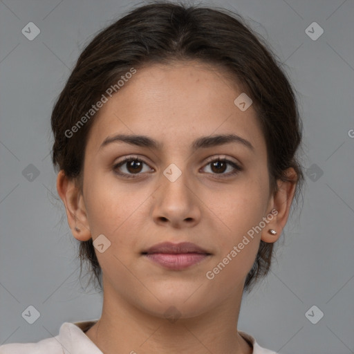 Neutral white young-adult female with medium  brown hair and brown eyes