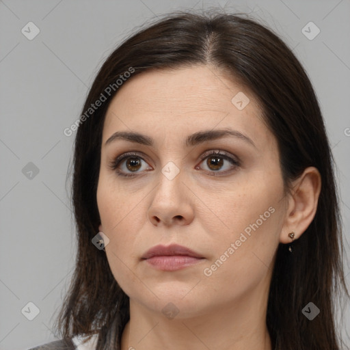 Neutral white young-adult female with medium  brown hair and brown eyes