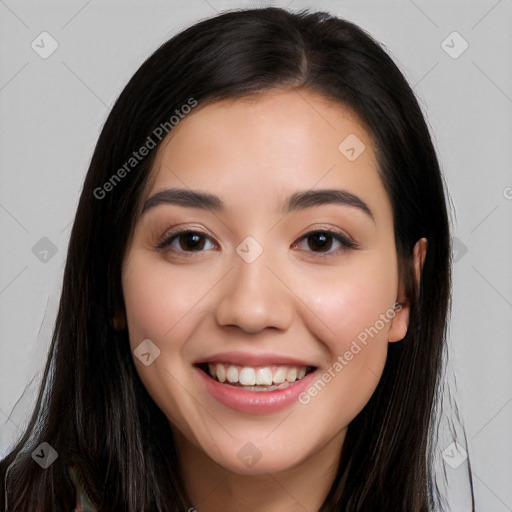 Joyful white young-adult female with long  black hair and brown eyes