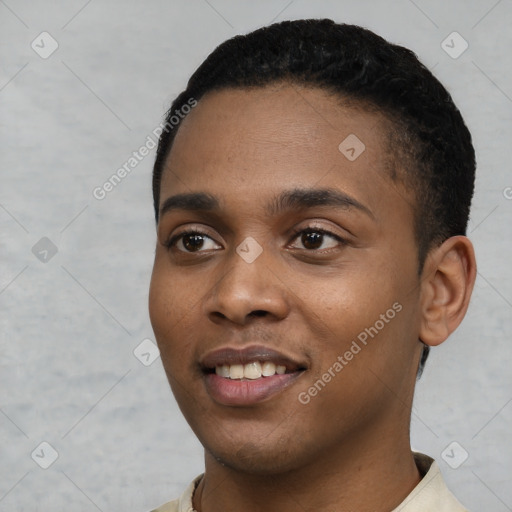 Joyful black young-adult male with short  black hair and brown eyes