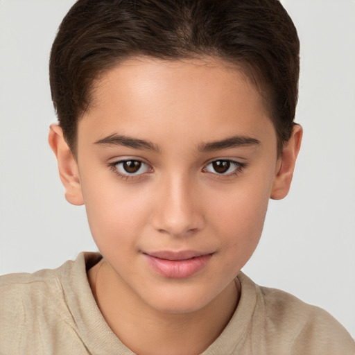 Joyful white child female with short  brown hair and brown eyes