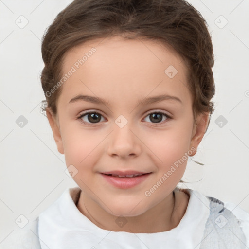 Joyful white child female with short  brown hair and brown eyes