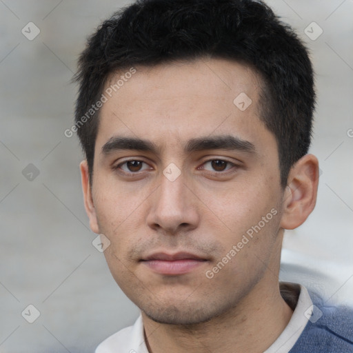 Neutral white young-adult male with short  black hair and brown eyes