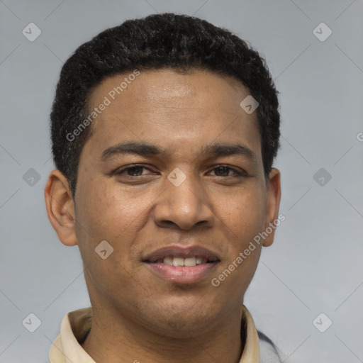 Joyful latino young-adult male with short  brown hair and brown eyes