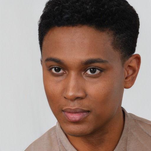 Neutral black young-adult male with short  black hair and brown eyes