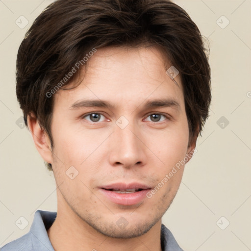 Neutral white young-adult male with short  brown hair and grey eyes