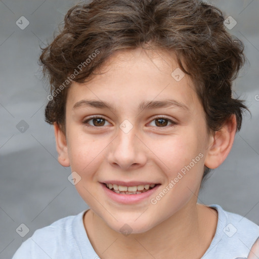 Joyful white child female with short  brown hair and brown eyes