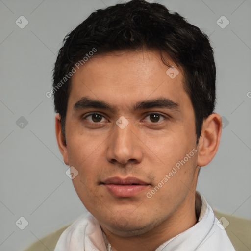 Neutral white young-adult male with short  black hair and brown eyes