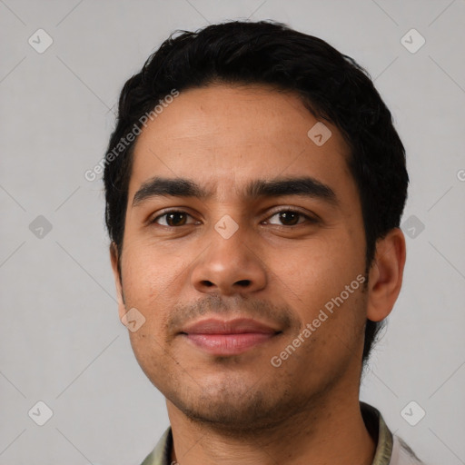 Neutral latino young-adult male with short  black hair and brown eyes