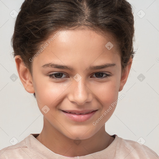 Joyful white child female with short  brown hair and brown eyes