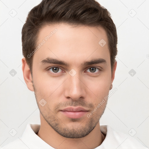 Neutral white young-adult male with short  brown hair and brown eyes