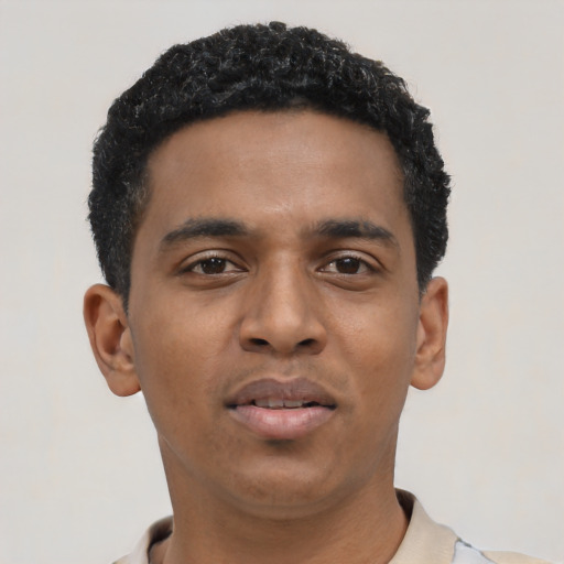 Neutral black young-adult male with short  black hair and brown eyes