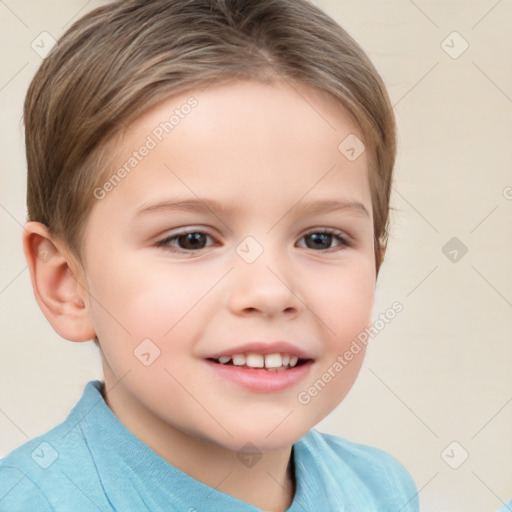 Joyful white child female with short  brown hair and brown eyes