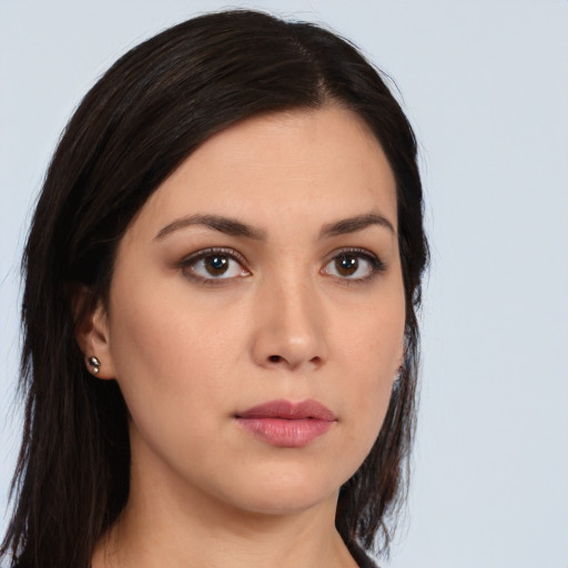 Neutral white young-adult female with long  black hair and brown eyes