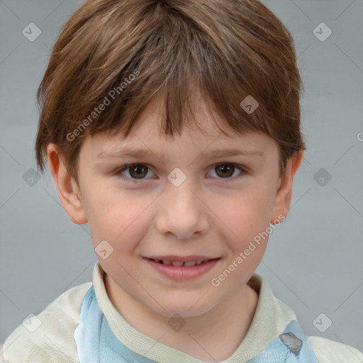 Joyful white child male with short  brown hair and brown eyes