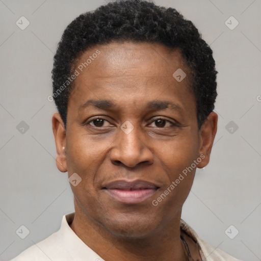 Joyful latino adult male with short  black hair and brown eyes