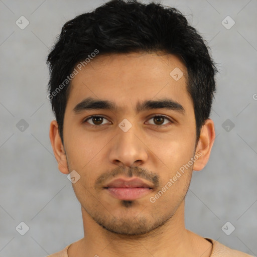 Neutral latino young-adult male with short  black hair and brown eyes