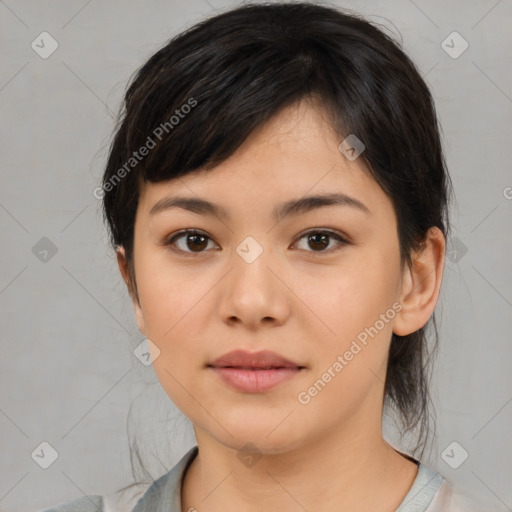 Neutral asian young-adult female with medium  brown hair and brown eyes