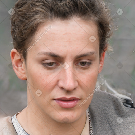 Joyful white adult female with short  brown hair and grey eyes