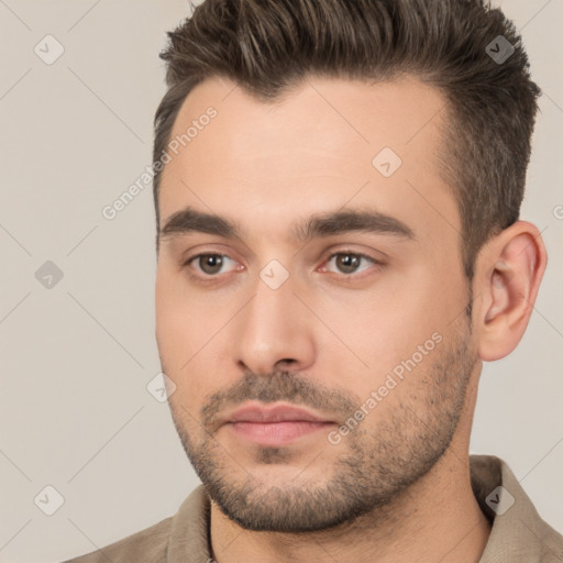 Neutral white young-adult male with short  brown hair and brown eyes