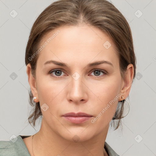 Neutral white young-adult female with medium  brown hair and grey eyes