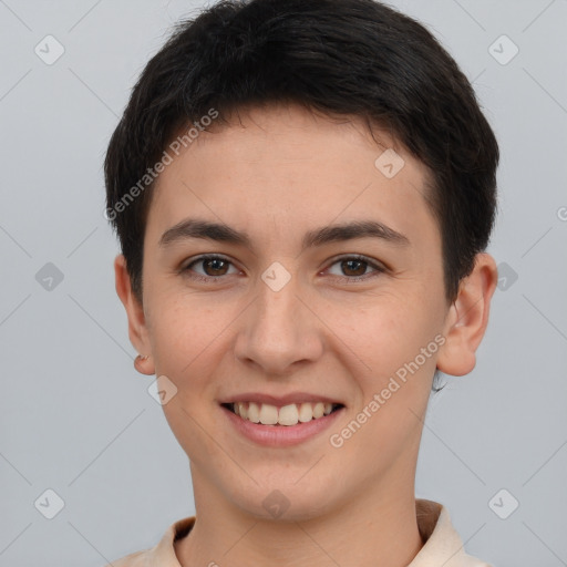 Joyful white young-adult female with short  brown hair and brown eyes