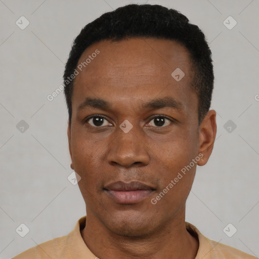 Neutral black young-adult male with short  black hair and brown eyes