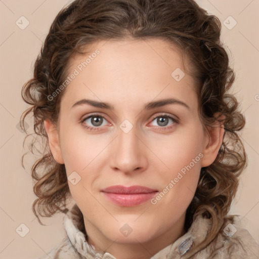 Joyful white young-adult female with medium  brown hair and green eyes