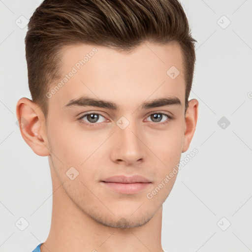 Neutral white young-adult male with short  brown hair and brown eyes