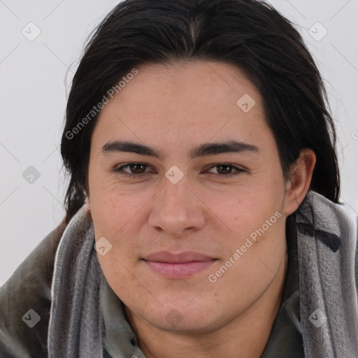 Joyful asian young-adult female with medium  brown hair and brown eyes