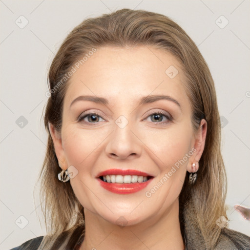 Joyful white young-adult female with long  brown hair and grey eyes