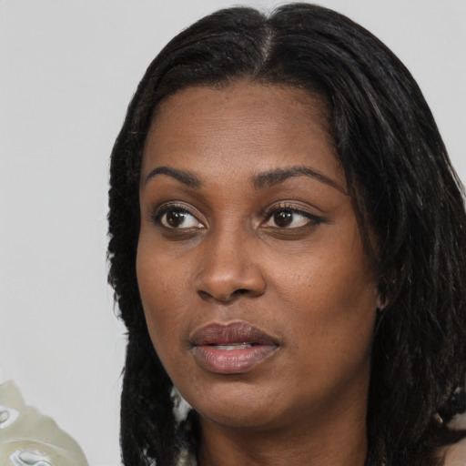 Joyful black young-adult female with long  brown hair and brown eyes