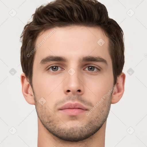 Neutral white young-adult male with short  brown hair and brown eyes