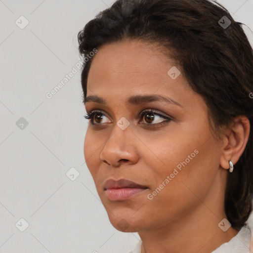 Neutral white young-adult female with short  brown hair and brown eyes