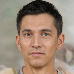 Neutral white adult male with short  black hair and brown eyes
