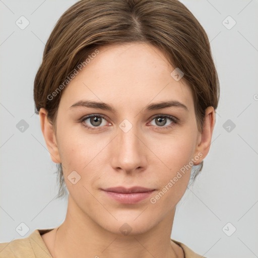 Neutral white young-adult female with short  brown hair and grey eyes