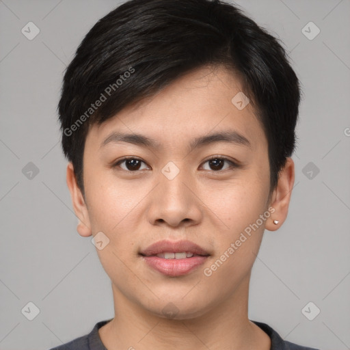 Joyful asian young-adult male with short  black hair and brown eyes