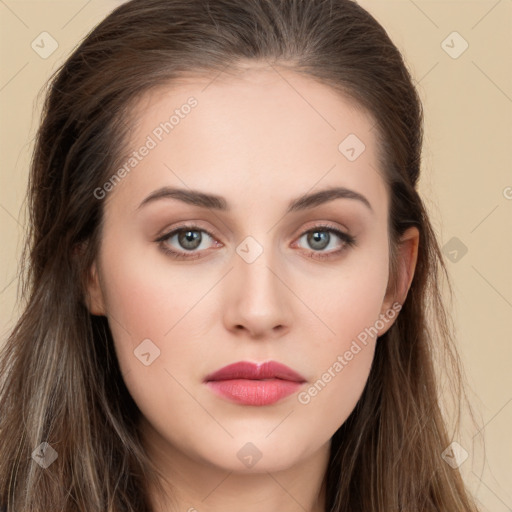 Neutral white young-adult female with long  brown hair and brown eyes