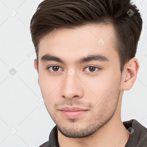 Neutral white young-adult male with short  brown hair and brown eyes