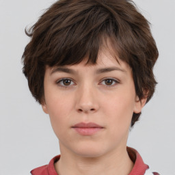 Neutral white young-adult female with short  brown hair and brown eyes