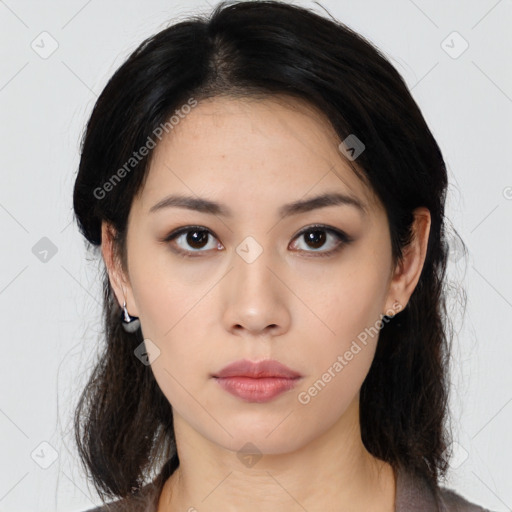 Neutral asian young-adult female with medium  brown hair and brown eyes