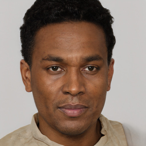 Neutral black young-adult male with short  black hair and brown eyes