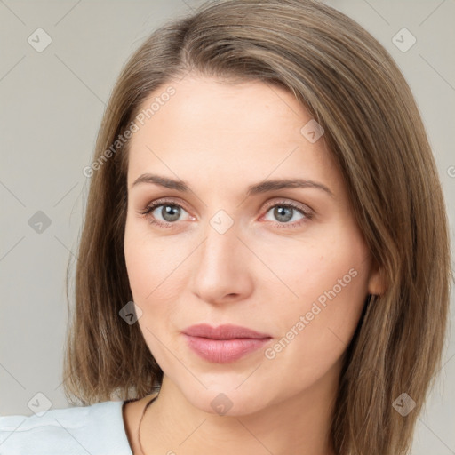 Neutral white young-adult female with medium  brown hair and brown eyes