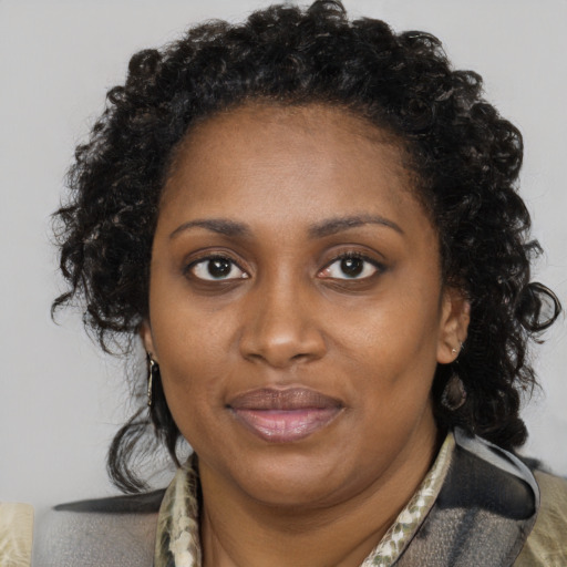 Joyful black young-adult female with medium  brown hair and brown eyes