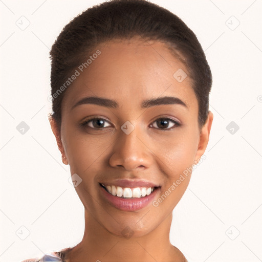 Joyful latino young-adult female with short  black hair and brown eyes