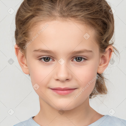 Joyful white child female with medium  brown hair and brown eyes