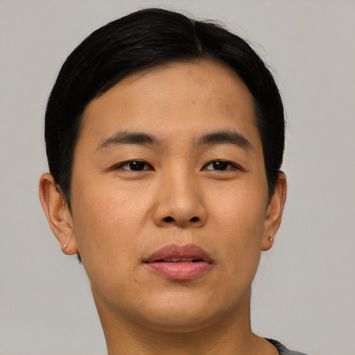 Neutral asian young-adult male with short  black hair and brown eyes